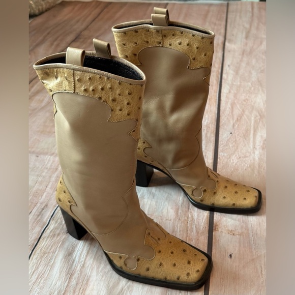 Via Spiga Women's WEST Square Toe Pull Up Ostrich Mid Calf Boots Size 5M - Picture 1 of 7